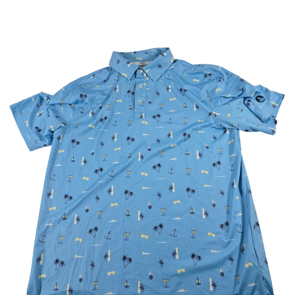 Straight Down Mens Performance Golf Polo Shirt Blue Tropical Martini Print Large